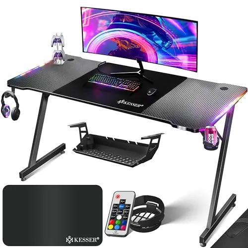 KESSER® Mesa Gaming | 180 x 80 cm | Escritorio para Gamer en Forma de Z | Soporte para Auriculares | Mesa ergonómica para Ordenador | Incl. Alfombrilla de ratón y Soporte
