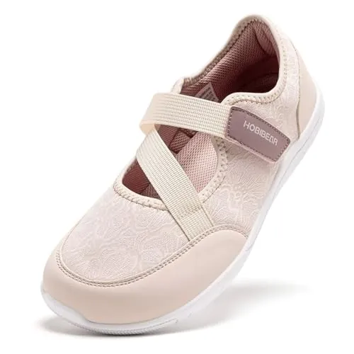 HOBIBEAR Zapatos Mary Jane Barefoot para Mujer Puntera Ancha Suela Zero Drop Diseño Minimalista Cierre de Ajustable Zapatos para Caminar(Rosa,EU 37)