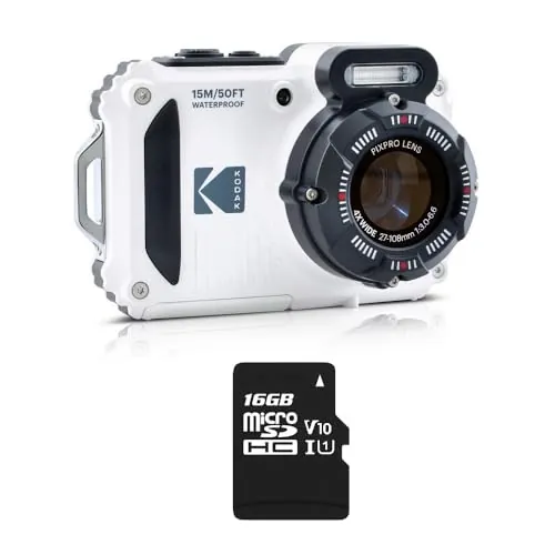 KODAK Pixpro Pack WPZ2 + 1 Tarjeta SD Compact 16M Pixels, Impermeable a 15 m, antigolpes, vídeo 720p, Pantalla LCD 2,7 – Batería Li-Ion – Blanco – Blanco