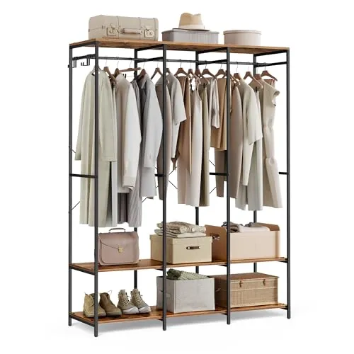 SONGMICS Armario de Ropa Portátil, Armario Plegable, Perchero, Organizador Armario, con Barras de Colgar, Estantes de Almacenamiento, Ganchos Extraíbles, 40 x 141 x 180 cm, Marrón Rústico RGR005B01