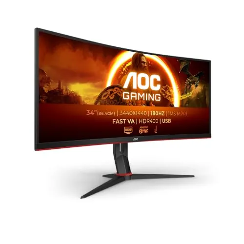 AOC CU34G2XPD/BK Gaming Monitor 34 Pulgadas 180Hz Panel Fast VA, 1ms GtG, HDR400, Altura Ajustable, (3440x1440 HDMI 2X 2.0 DP 2X 1.4 USB Hub) Negro/Rojo
