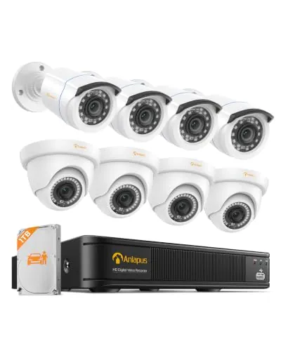 Anlapus 1080P CCTV Kit Sistema de Vigilancia 8CH H.265+ Grabador DVR con 8 Cámara de Seguridad (4) Domo y (4) Bullet, 1TB Disco Duro, Visión Nocturna, Detección de Movimiento, P2P