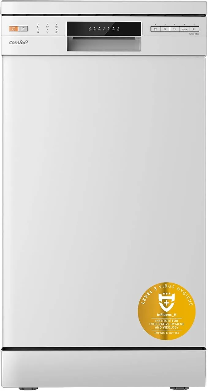 COMFEE' CDWEF1034BW Lavavajillas Independiente con 10 Cubiertos, 45cm, Inicio Diferido, Función de Media Carga, 72 ℃ Lavado higiénico, Rejillas Flexibles - Blanco