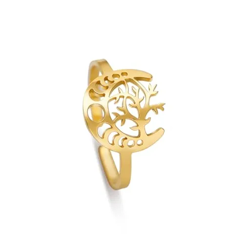 Dreamtimes Luna Creciente Anillo para Mujer Niña Ajustable Acero Inoxidable Dedo Abierto Yggdrasil World Tree of Life Rings Viking Jewelry (Oro)