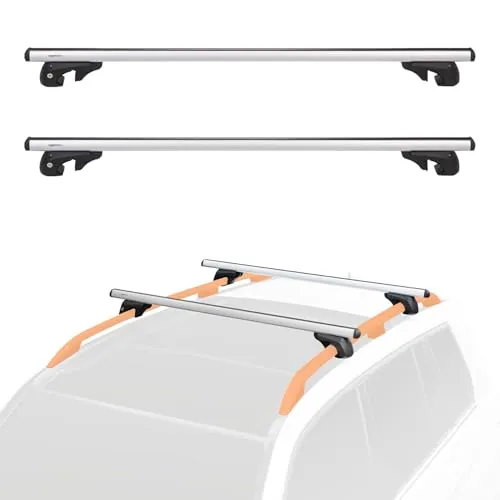 Amazon Basics portaequipajes de techo con rieles cruzados, 52 pulgadas, se adapta a tramos de hasta 46 pulgadas entre rieles laterales elevados con espacio, paquete de 2, negro/plateado