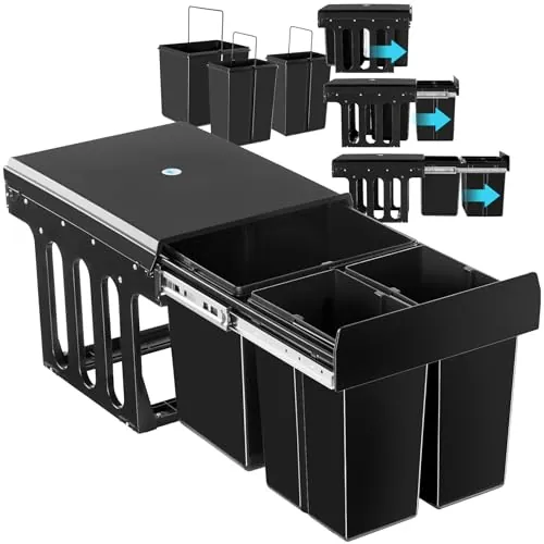 tectake® Cubo de Basura Extraíble, Triple, 31L, Papelera Cocina con Guías Telescópicas, 3 Contenedores Separados para Reciclaje, Cubo Basura Cocina, Fácil Montaje, Material Resistente - 2x 8L+15L