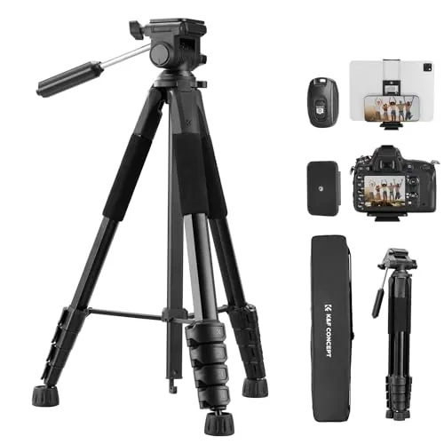 K&F CONCEPT Trípode Cámara 190cm S255A3+BV01 Trípode Ligero Portátil de Tubo Perfilado de 5 Lados para DSLR, Cámara Réflex Digital, Teléfono Móvil, etc., con Clip para Teléfono Móvil