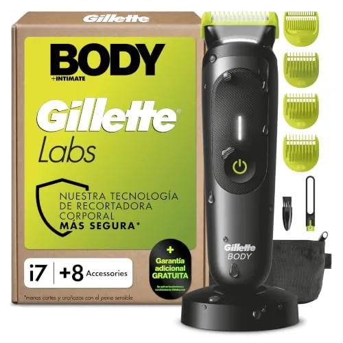 GilletteLabs i7 Body + Intimate Afeitadora Corporal, 8 Accesorios, Negro | Depiladora Corporal Hombre Impermeable, con 4 Peines, Funda, Base de Carga Y Soporte de Ducha, Tecnología Skinfirst Y Luz LED
