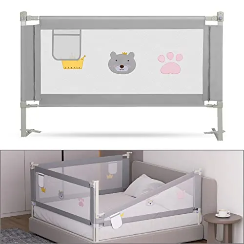 Tubiaz 150CM Barrera Seguridad Niños Cama, Altura Regulable 70-98cm, Barrera Cama niños con protección contra caídas, Barandilla Cama niño Plegable, Fácil de Montar, Acabado Gris Bordado