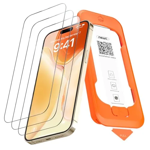 NEW'C Protector Pantalla para iPhone 14 Pro, Cristal Templado | Herramienta de instalación de coche transparente, transparente incluida, vidrio templado, dureza 9H, resistente a los