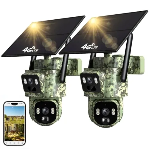 LEMNOI 4G Cámara de Vigilancia Exterior Solar con Dos Lentes, SIM Preinstalado Sin WiFi, 360° PTZ con Seguimiento Humano, Detección de Movimiento, Visión Nocturna, Audio Bidireccional, IP66, 2 Piezas