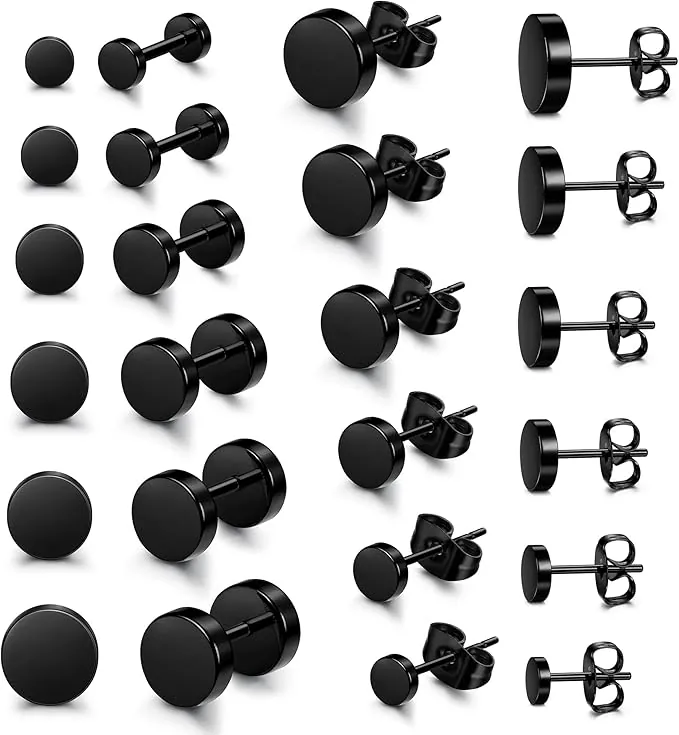 Yadoca 12 Pares Acero Inoxidable Pendientes Para hombres y Mujeres Negro Redondos 3-8mm Set Pendientes