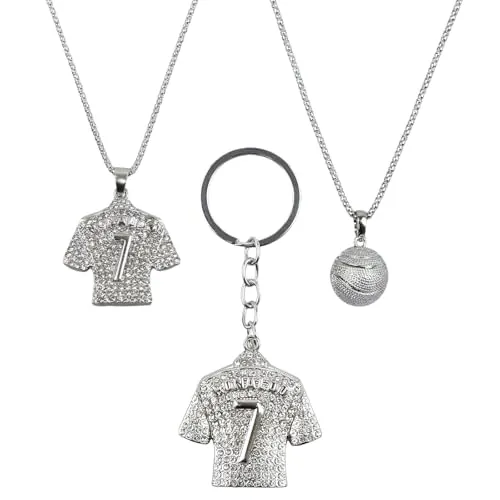 NineSSJLY Set de regalo para aficionados al fútbol: 2 collares de metal de 60 cm con camiseta y colgante de fútbol + llavero con la leyenda n.° 7. Juego de joyas para hombres, niños y aficionados.