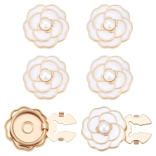 CRAFTMELODY - 6 gemelos de aleación de flores blancas de camelia con botones decorativos de perlas, base dorada, fundas de botones de camelia para decoración de ropa para mujeres y hombres