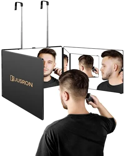 JUSRON Espejo de Pared 360°, Triple Plegable, con Corte Automático, Altura Regulable, para Peluquería, Maquillaje, Afeitado y Peinado, Sin Luz LED