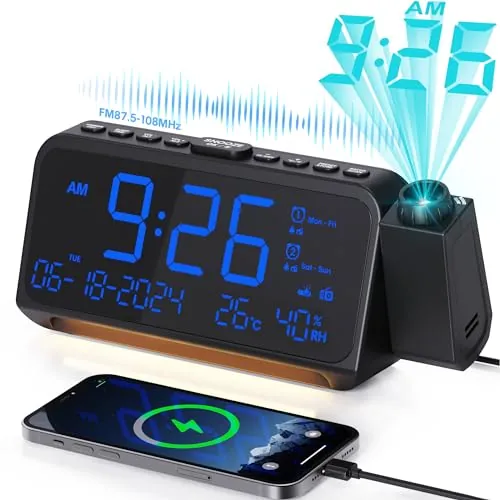 Mesqool Radio Despertador de Proyección, con Atenuador de 5 Niveles, Modo día Laborable/Fin de Semana, 2 Alarmas, FM, Snooze, Temperatura, Humedad, Luz Nocturna, Cargador USB Type-C
