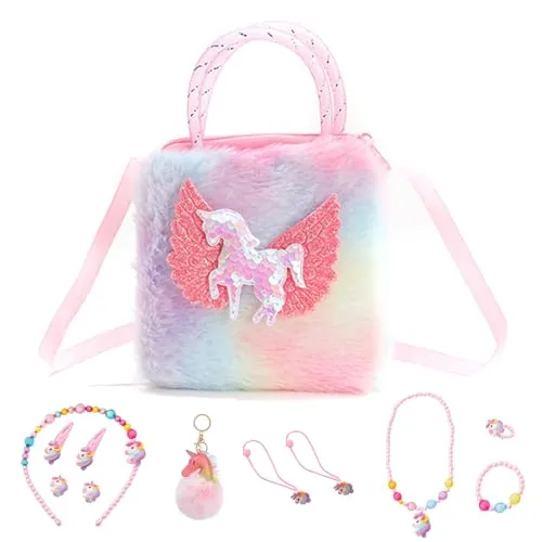 FOSDICK Bolso Unicornio Niña y Joyas Niña Set, Unicornios para Niñas, Bolso niña de Felpa, Collar Pulsera Anillo Pendientes Gomas del Pelo Pinza, Regalos niñas 3 4 5 6 7 8 años