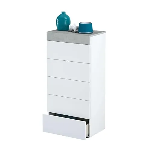 Habitdesign – Cómoda Sinfonier con 5 Cajones, Comoda Moderna para Dormitorio, Sinfonier Vestidor, Color Blanco Artik y Gris Cemento, 118x61x40 cm - Modelo Tekkan