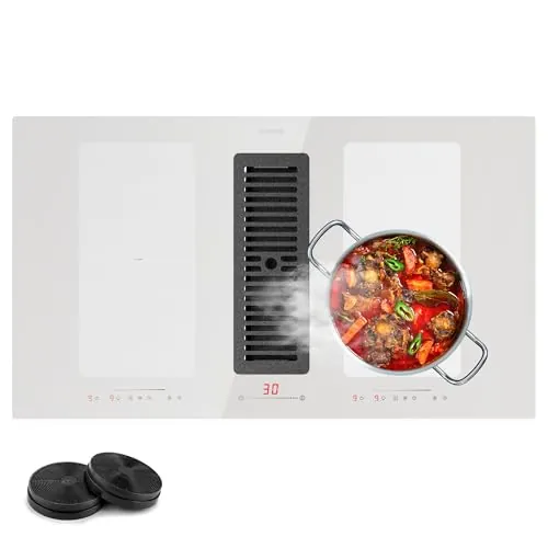 Klarstein Placa Induccion de 2 en 1 con Extractor Isla Cocina, Vitroceramica con Campana Extractora Cocina 391m³/h, Control Táctil, Cocinas de Inducción Eléctricas Eficiencia Energética A+