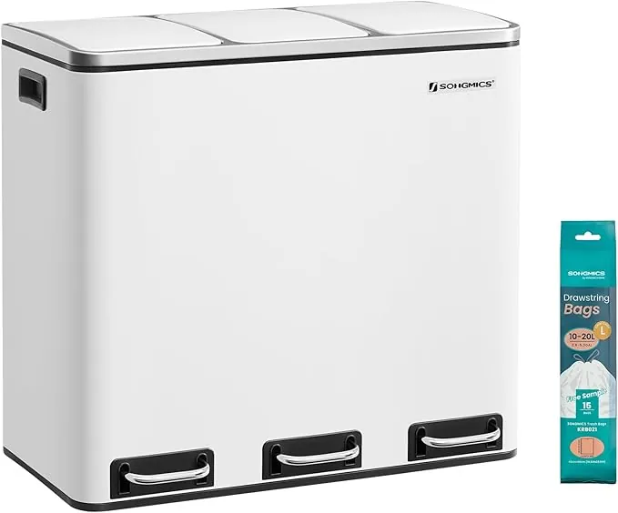 SONGMICS Cubo de Basura para Cocina, 3 x 18 L, 3 Compartimentos para Reciclaje, 15 Bolsas, Restos de Comida, Tapas de Cierre suave, Pedales, Cubetas, Acero, Blanco Nube LTB54WT