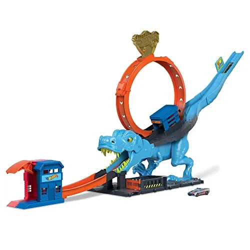 Hot Wheels City Desafío del T-Rex Pista para Coches de Juguete con Lanzador, Incluye 1 vehículo, +5 años (Mattel HNP77)