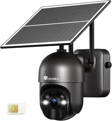 Ctronics Batería 10400 mAh, Panel Solar 6W, 4g Cámara Vigilancia Exterior | solar, Alarma de Luz y Sonido, PC/App, 2K 3MP Visión Nocturna a Color 30 m, Montaje Versátil 2 en 1, FTP/Cloud/128GB TF