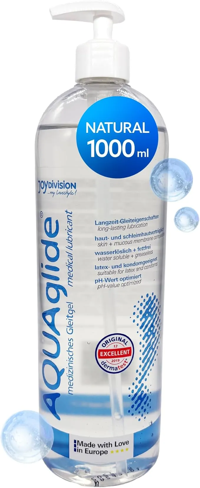 JOYDIVISION Original AQUAglide 1000 ml lubricante natural, lubricante transparente y vegano, pH optimizado y compatible con condones de látex