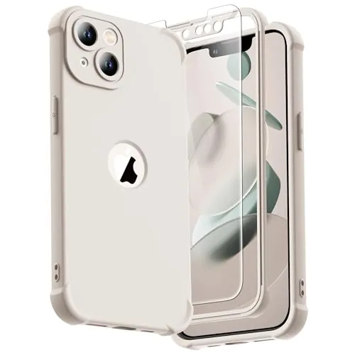 ORETECH para Funda iPhone 13, con [2X Protector Pantalla, Carcasa Frontal y Trasera][Protección de Cámara Integrado] 360 Grados Antigolpes Anti-Choque Silicona Carcasa iPhone 13 Case, Blanco Piedra