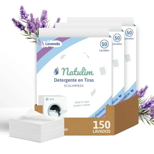 Natulim - Detergente en Tiras para Lavadora (150 Lavados) - Incluye efecto Suavizante, Ecológico, Hipoalergénico, Made in Spain - Ropa limpia y suave sin ensuciar el Planeta (Lavanda) - 3 Pack