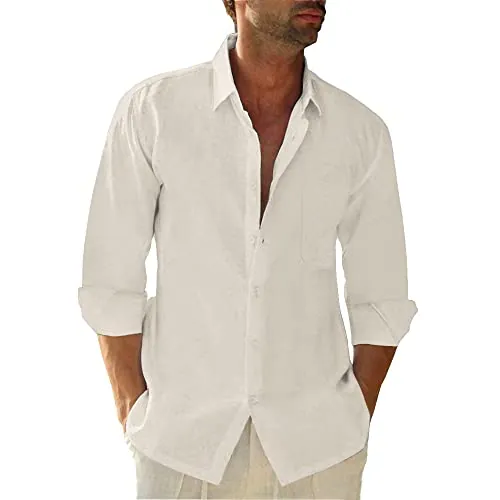 Friptspyg Hombres Camisa de Manga Larga de Algodón y Lino para con Bolsillo y Corte Regular Fit para Ocasiones de Playa y Vestir Casual Camisa de Verano, Beige L