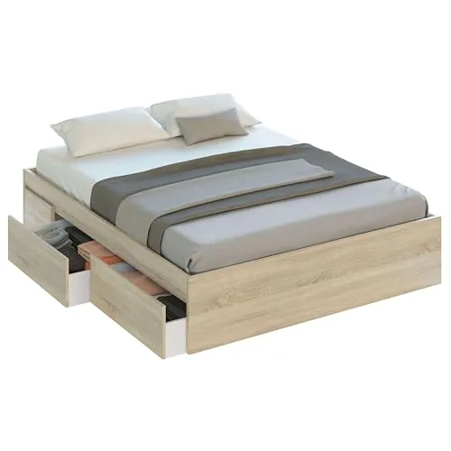 Habitdesign Estructura de Cama con 4 Cajones, 156x196x37 (AnchoxFondoxAlto-en cm), Estructura de Cama Doble Color Roble, Modelo Kendra (Sin Somier)