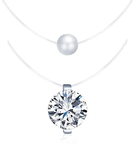 Yumilok - Juego de collares de banda de nailon y colgantes de perla y de circonitas, en plata de ley 925, cadena con colgantes para mujer y chicas, 2 piezas