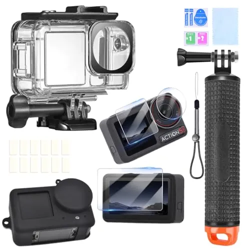 ShipeeKin Kit de accesorios para DJI Osmo Action 5 Pro, resistente al agua, carcasa de buceo sumergible, mango flotante, lámina de cristal protector de pantalla con cubierta de objetivo, insertos