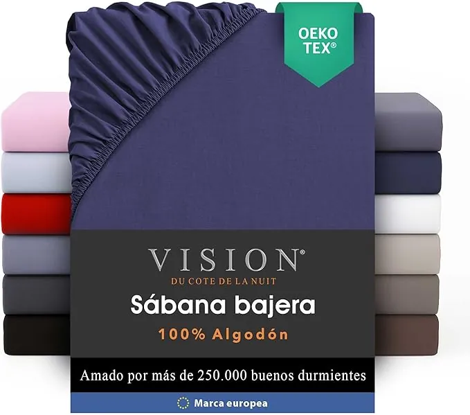 VISION Sábana Ajustable - 100% algodón - Cama Doble (150 x 200 cm) - Esquinas elásticas - Se Adapta a colchones de hasta 30 cm - Certificación Oeko-Tex - Lavable a máquina - Color: Azul Marino