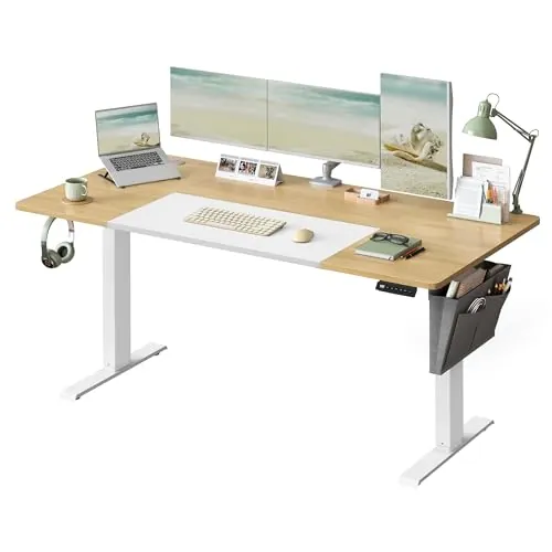 SONGMICS Escritorio Eléctrico, Regulable en Altura, 160 x 70 cm, Regulación Continua, 4 Alturas de Memoria, Puerto USB-C, Roble Natural y Blanco Mate LSD026N01