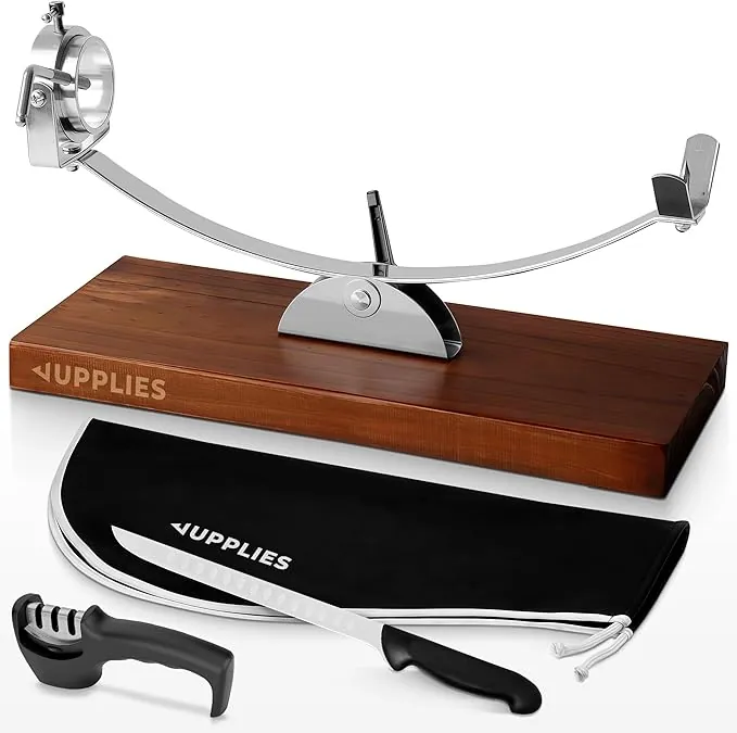 JUPPLIES Jamonero Acero Inoxidable con Base de Bambú + Cuchillo 240mm + Afilador y Cubre Jamón | Soporte Jamonero Vertical Basculante, Rotatorio y Antideslizante | Tabla de Jamón Profesional