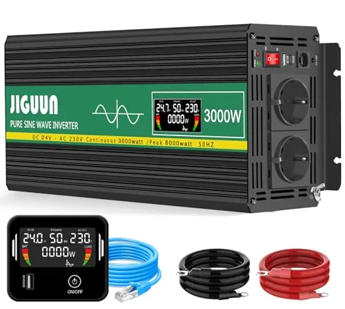 JIGUUN 3000W Inversor 24V 220V Onda Pura Convertidor Inverter con 2 Tomas UE y un USB ，Mando a Distancia e indicador LCD，Potencia máxima 6000W para RV, Viajes, emergencias