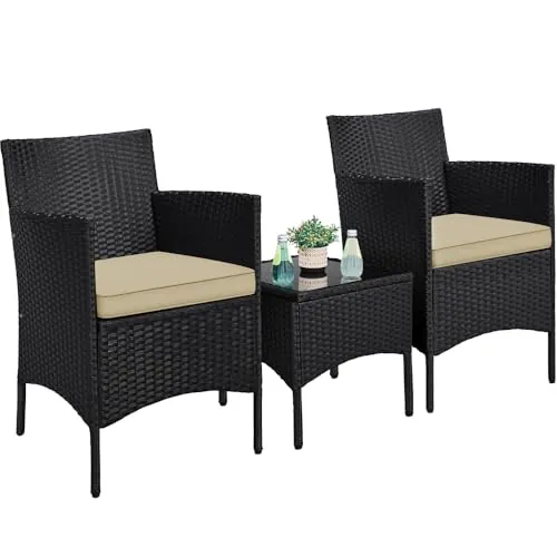 Yaheetech Conjunto de Muebles de Jardín Exterior Muebles Terraza con Cojines Juego de Sillas Ratán PE y Mesa de Vidrio para Balcon Negro/Caqui
