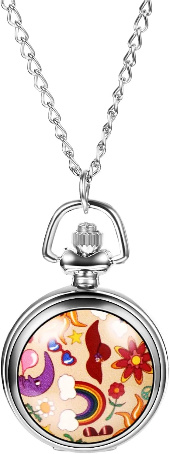JewelryWe Reloj Bolsillo Moda Mujer: Reloj de Bolsillo de Cuarzo Analógico Girasol Arco Iris Decoración Patrón Cadena Jumper Esfera de Números Arabes - para Uso Diario Colección Regalo