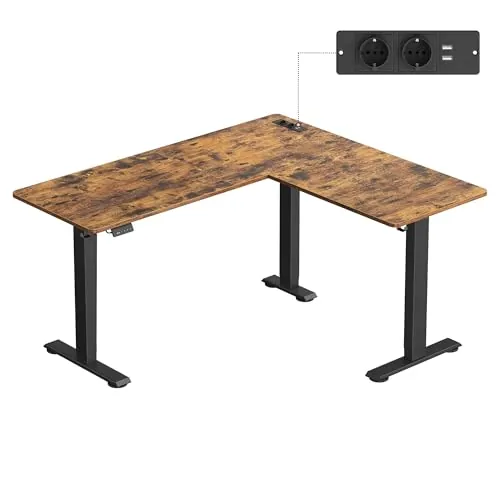 VASAGLE Escritorio Eléctrico Regulable en Altura, Escritorio en Forma de L, 140 x 160 cm, con Estación de Carga, Función de 2 Memorias, para Oficina Casa, Marrón Rústico y Negro Tinta LSD264K01