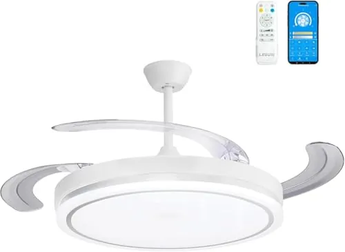 Ventilador de techo con luz con mando 3 aspas, Motor DC 30W+Luz LED,temporizador, 6 velocidades, aspas retráctiles, 3 temperaturas de luz, función verano-invierno Silencioso (Blanco Liso, 50CM)