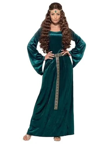 Smiffys Disfraz de doncella medieval, Verde, con vestido y diadema Halloween, Carnaval