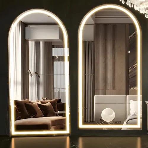 NEUWEABY Espejo de Cuerpo Entero arqueado con Luces, 180 x 80 cm Espejo de pie con iluminación, LED para Montar en la Pared con atenuación y 3 Colores de iluminación para Dormitorio, Blanco