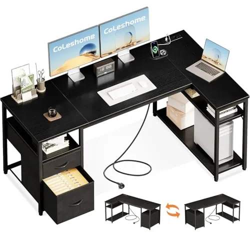 Coleshome Escritorio Esquinero con Cajones de Tela, 160x80cm Escritorio en L con Estantería Reversible, Mesa en L con Enchufes y Puertos USB para Oficina Trabajo en Casa y Juegos, Negro