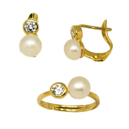 Minoplata Juego Pendientes y Anillo de Plata chapada en Oro con Perlas cultivadas y Circonitas