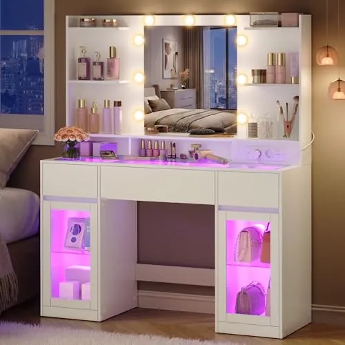 VASAGLE Tocador con Espejo, Luces RGB, Enchufes, Armarios Laterales