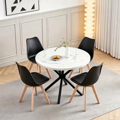 DEYARNA HOME Juego de Comedor, Mesa Redonda 100 cm con 4 Sillas Escandinavas, Patas de Haya Maciza de Cojín de Cuero Sintético para Cocina, Comedor, Salón y Oficina (Negro+Mármol)