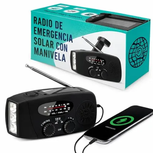 3JG® Radio Solar de Emergencia con Manivela, FM/Am, Linterna LED, Cargador de Móviles USB, Batería Recargable 2000mAh, Carga Solar y Manual, Alarma SOS, para Camping y Supervivencia