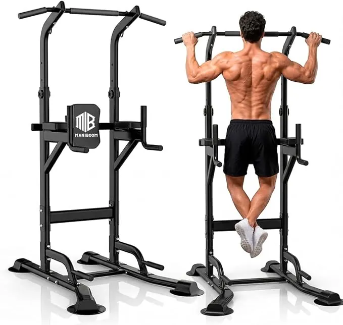 ManiBoom Estación de Dominadas "ROCA SÓLIDA" Soporta 220KG - Torre de Musculación Ajustable (165-235cm) con Base Anti-Vuelco Extendida - Power Tower para Calistenia, Fondos y Abdominales en Casa