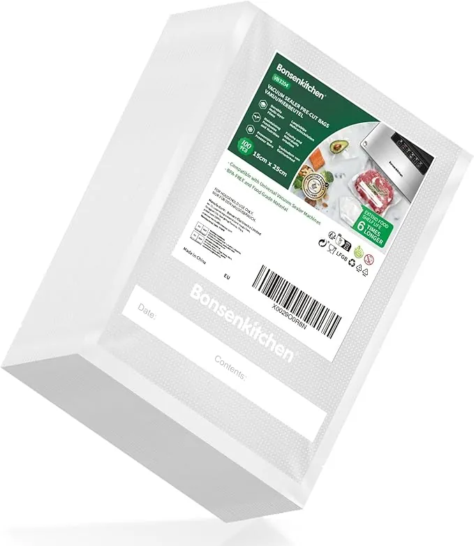 Bonsenkitchen Bolsas de vacío para alimentos 15x25 cm 100 Bolsas para Máquina de Vacío - Bolsas de vacío gofradas para almacenar y cocinar alimentos y hervibles, VB3204